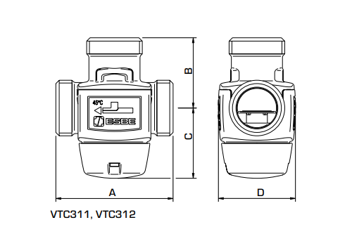 VTC311 3-ceļu termovārsts ¾”i.v. 45*C Kvs 3,2 misiņš ESBE